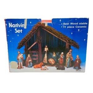 Nativity Set 11 pcs Ceramic Figurines and Wooden Manager